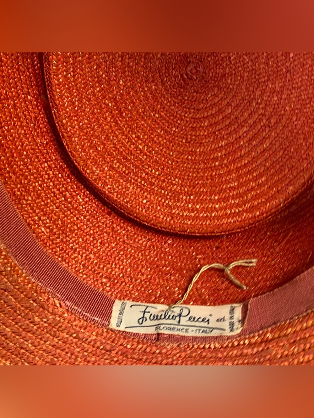Vintage 1970s Pucci Straw Boater Sun Hat Logo Peach Orange Pastel Flat Top XS - Picture 7 of 16